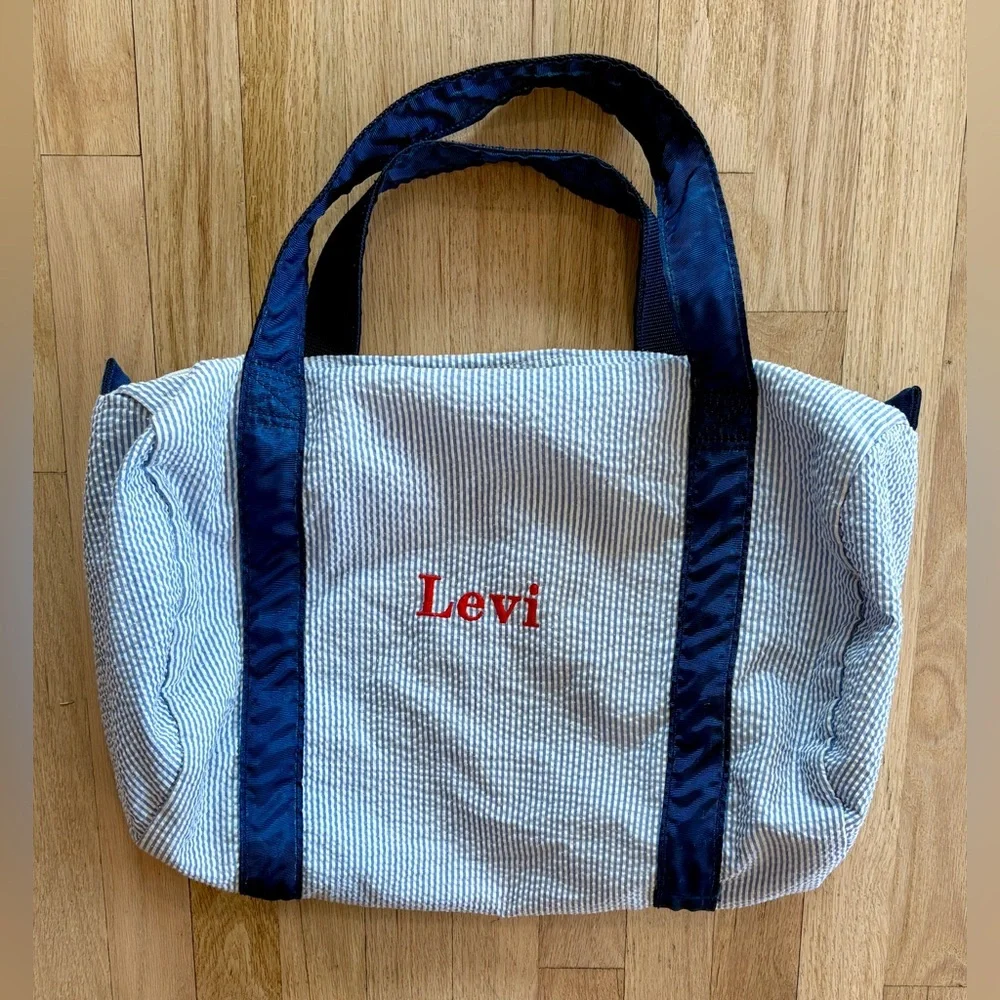 Red Levi Personalized Seersucker Duffle Bag Blue White Stripe Weekend Travel Bag